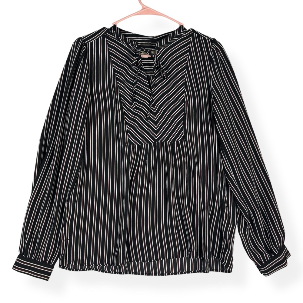 Loft Top‎ Womens S Small Black Striped Keyhole Neck Tie Long Sleeves